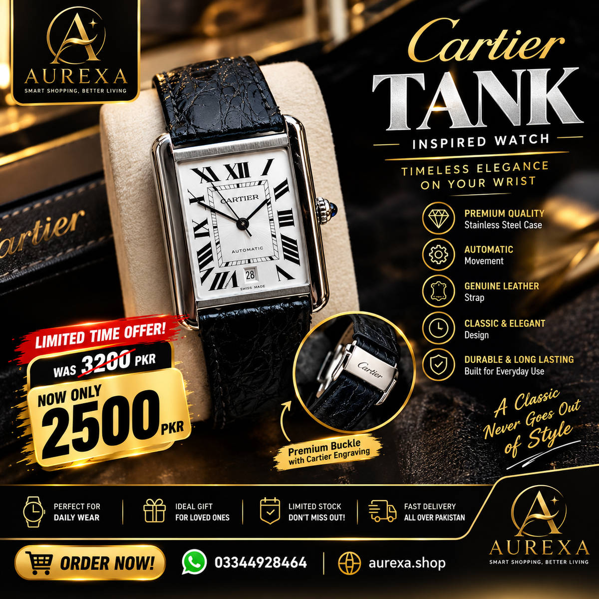 Cartier Tank Style Luxury Watch for Men – Classic Square Dial Elegant Wristwatch