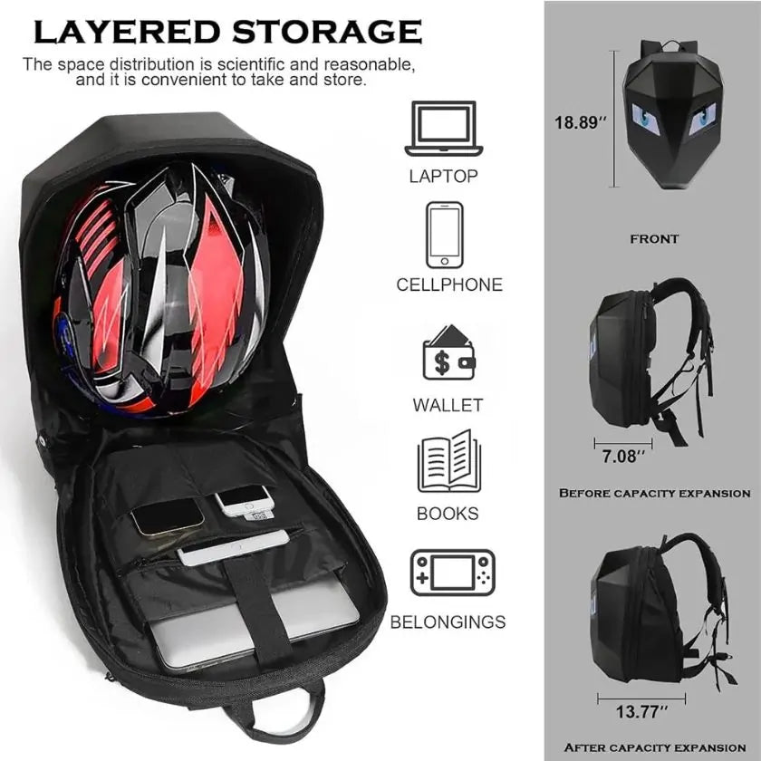 LED Rider Backpack with Glowing Eyes – Stylish USB Rechargeable LED Bag