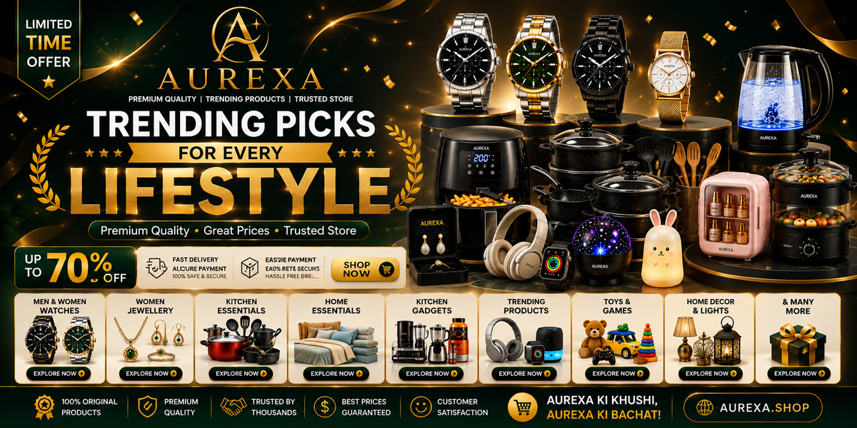 A promotional banner for Aurexa Trending Picks featuring a collection of lifestyle products including watches, a coffee maker, a rabbit-shaped lamp, and various home and kitchen essentials, with extensive text and category icons on a dark gold background.