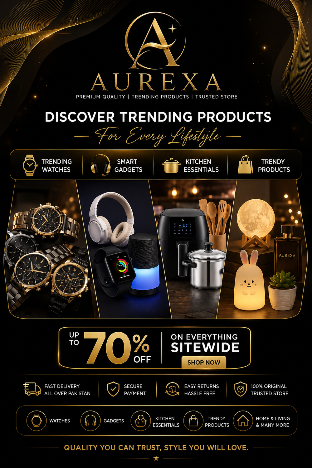 A promotional banner for the brand AUREXA, featuring a gold and black color scheme with various lifestyle product categories such as watches, smart glasses, kitchen essentials, and home accessories. The banner includes a 70% off discount offer and multiple feature icons at the bottom.