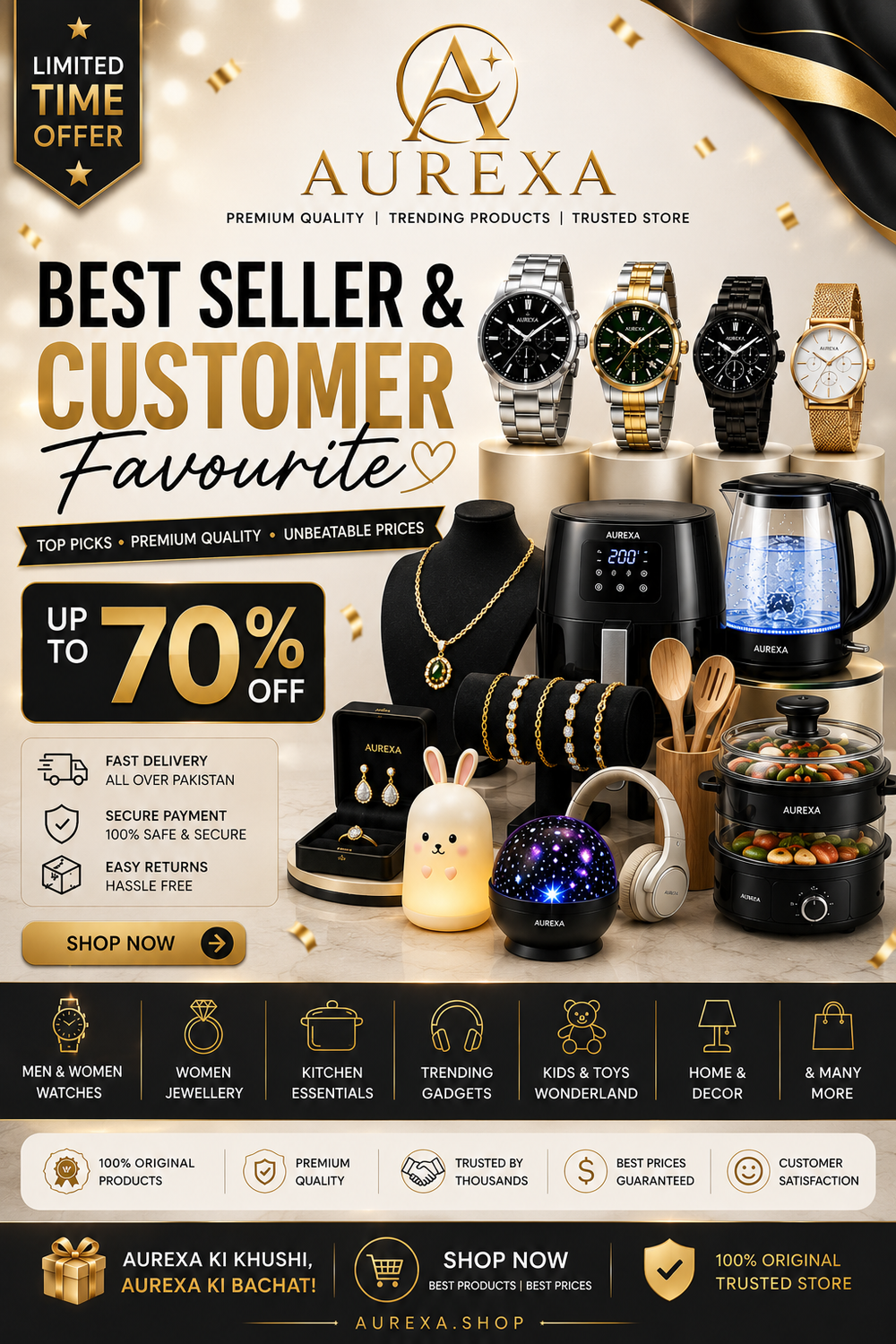 A promotional banner for Aurexa showcasing a collection of best-sellers and customer favorites, including various models of wristwatches, necklaces, a black coffee machine, a glass teapot, a rabbit plush toy, and a small decorative lamp. The layout features multiple product cutouts arranged on a dark background with gold accents, promotional text, and trust badges.