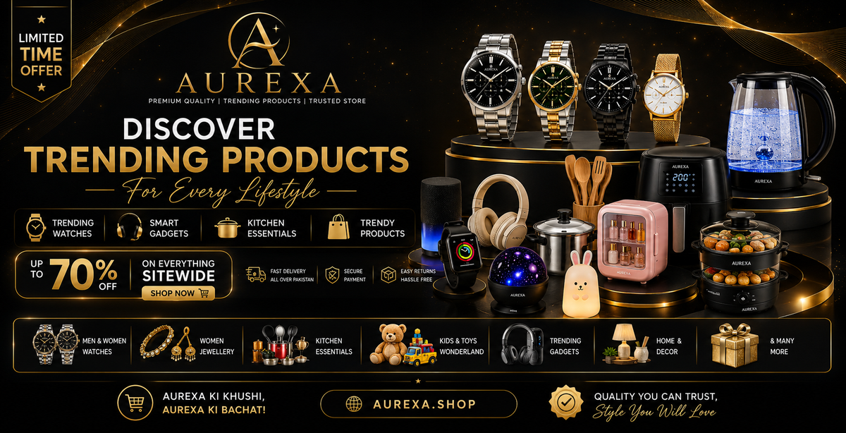 A promotional banner for Aurexa, showcasing a wide variety of trending products including smartwatches, fitness trackers, kitchen gadgets, and home electronics on a dark gold background with text overlays.