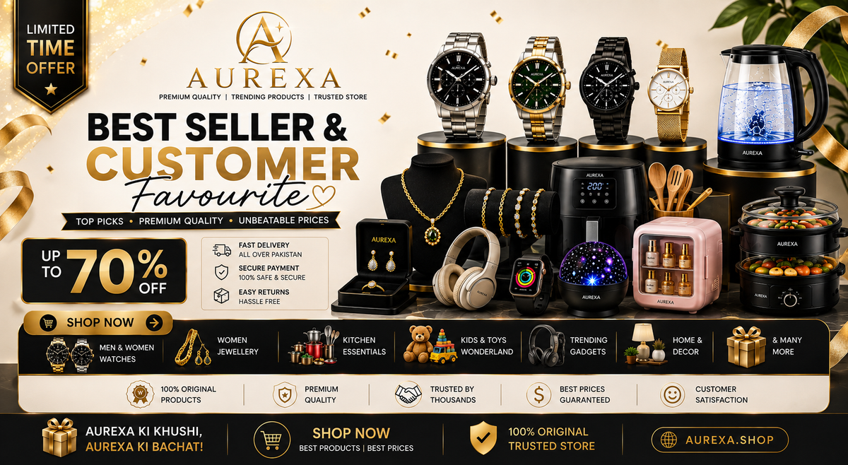 A promotional banner for Aurexa, showcasing a curated collection of premium products including watches, jewelry, headphones, a mini toaster, and kitchen gadgets, with extensive text overlays and discount offers.