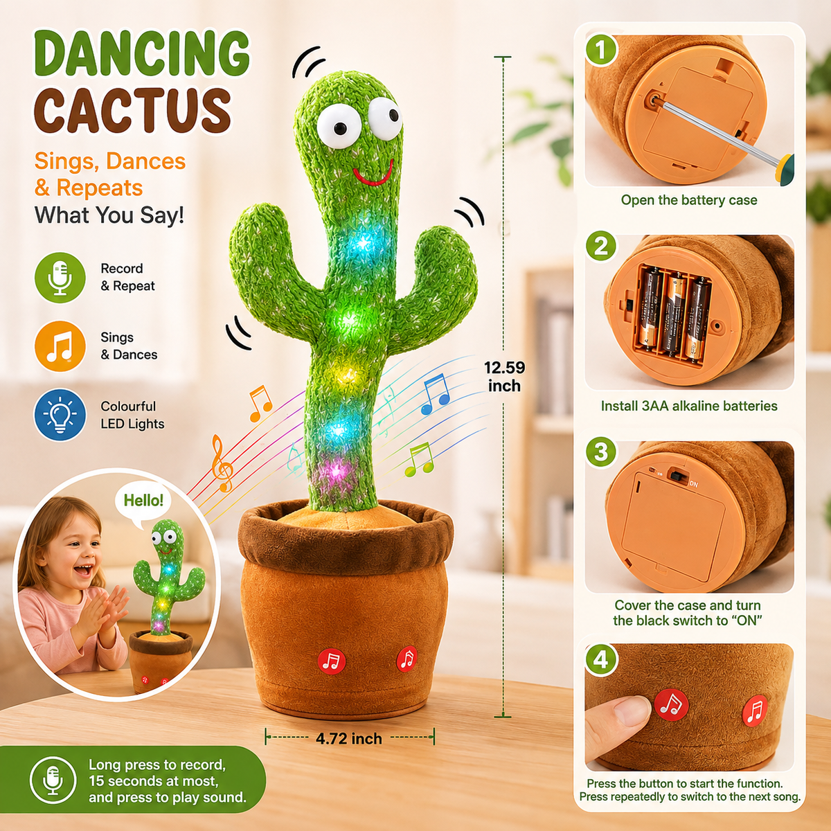 Dancing Talking Cactus Toy – Rechargeable Singing & Dancing Interactive Toy